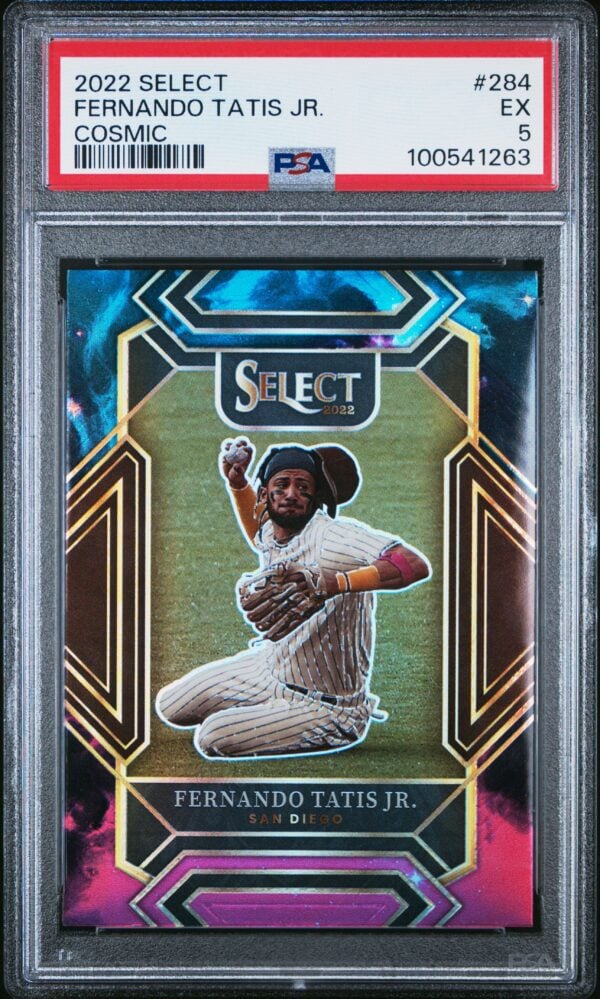 2022 Select Fernando Tatis Jr. baseball card graded PSA 9, vibrant design.