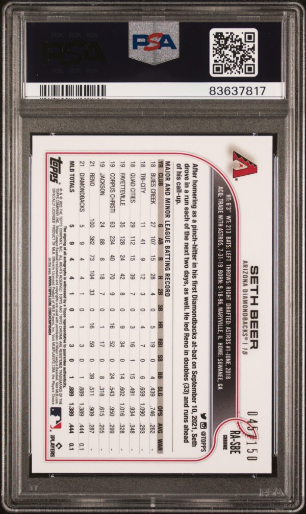 Back of 2022 Topps Chrome Seth Beer Rookie Card, PSA graded, showing player stats.