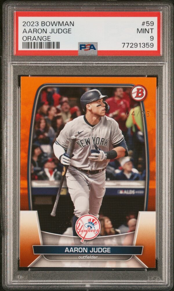 2023 Bowman Aaron Judge card, PSA MINT grade, orange border, Yankees uniform.