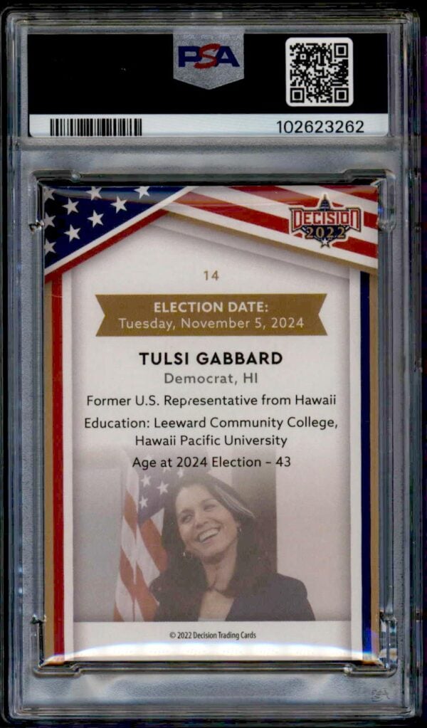 Tulsi Gabbard PSA-graded political trading card, 2023 Leaf Decision Update, premium collectible item.