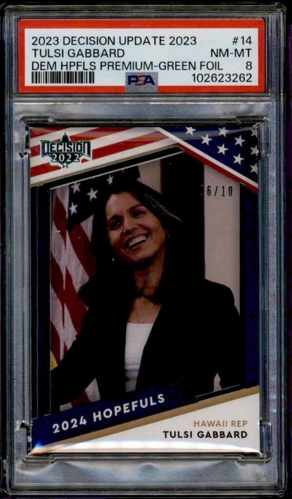 Tulsi Gabbard trading card, 2021 series, PSA graded NM-MT 8, limited edition 17/99.