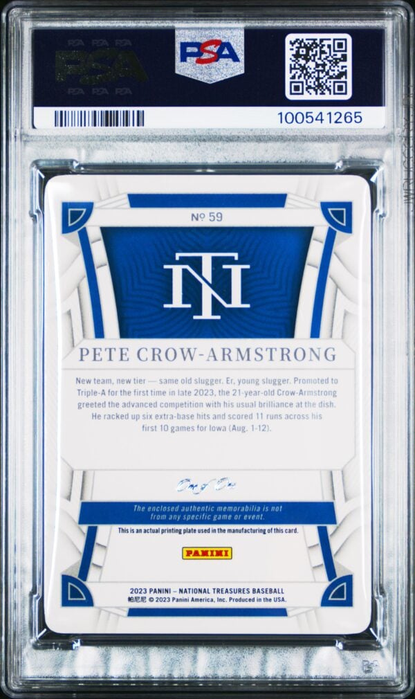 PSA-graded Pete Crow-Armstrong Panini card with player details and Panini logo visible.