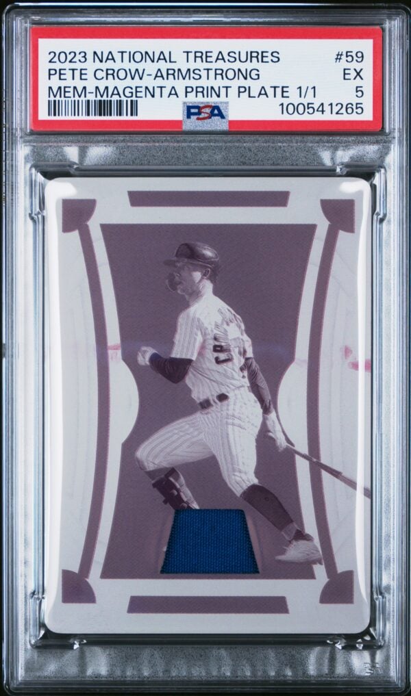 2021 National Treasures Pete Crow-Armstrong baseball card in PSA case, purple design, graded EX.