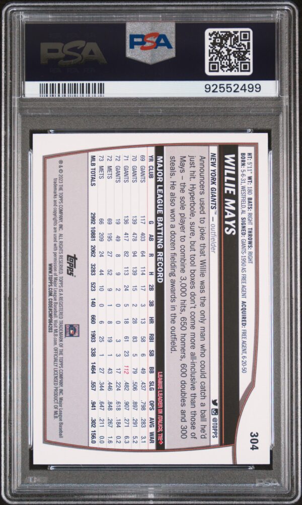 Back of 2023 Willie Mays Gold Foil baseball card in PSA 8 slab.