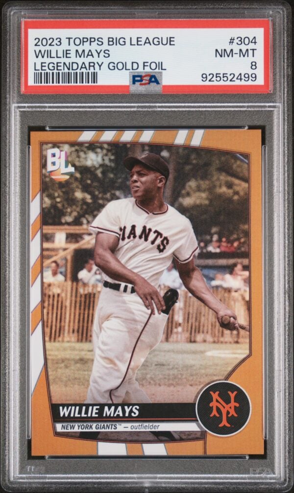 Willie Mays 2021 Topps Big League Gold Foil Card #304, PSA 8 Grade.