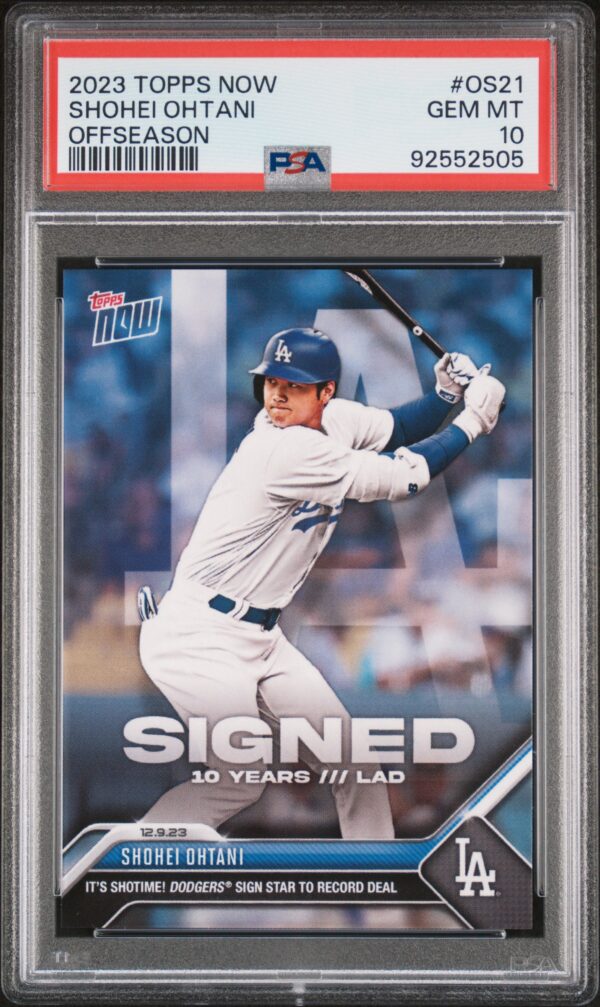 2023 Dodgers Topps NOW autographed card #OS31, PSA GEM MT 10, with player mid-swing.