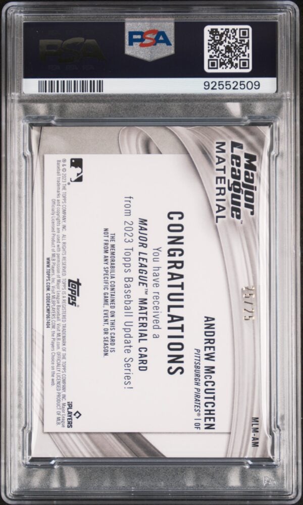 Andrew McCutchen 2023 Topps Update card in PSA slab, graded 9, authentication included.