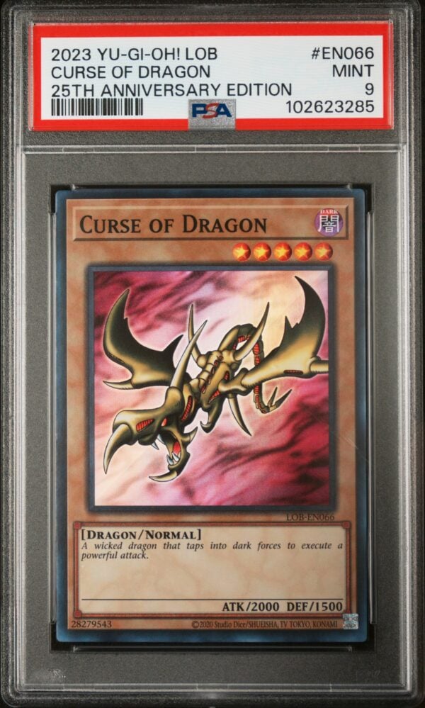 2023 Yu-Gi-Oh! Curse of Dragon card in PSA 9 case, 25th Anniversary Edition collectible.