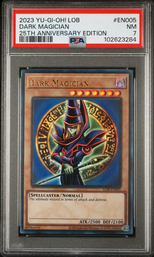 PSA graded 2023 Yu-Gi-Oh! 25th Anniversary Dark Magician card, Near Mint condition.