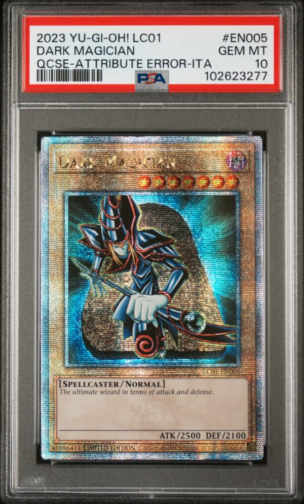 2023 Yu-Gi-Oh! Dark Magician card, PSA 10 Gem Mint, holographic, collectible.