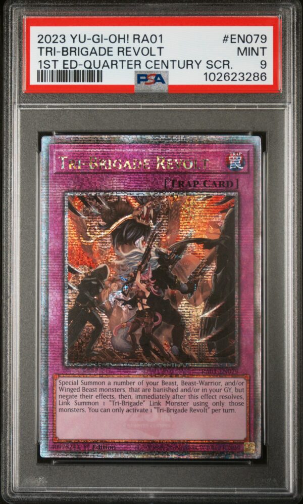 PSA 9 Mint The Monarchs Revolt trap card, 2023 Yu-Gi-Oh! RAC1 set, vibrant artwork.